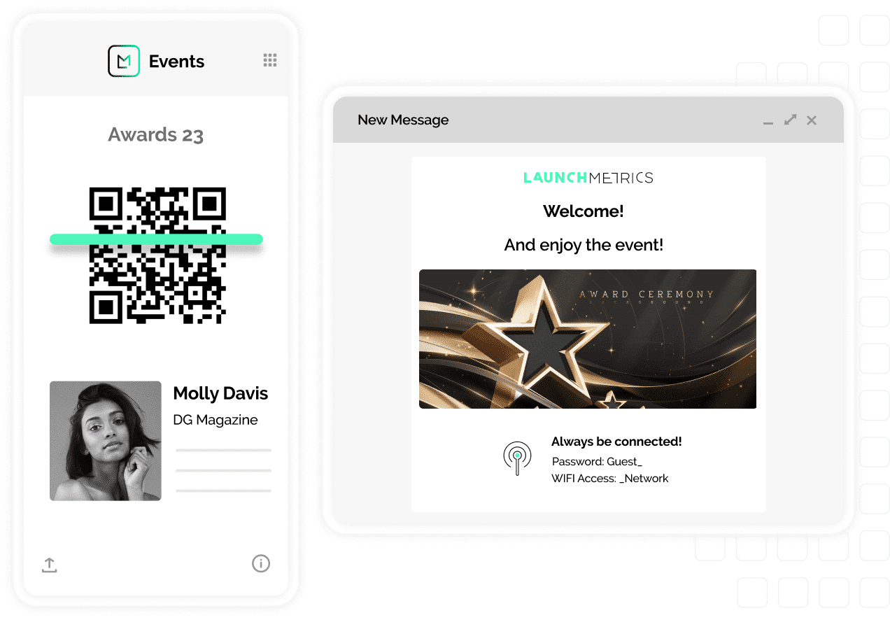 mobile and desktop view of the publishing events marketing tool showing barcode check-in feature