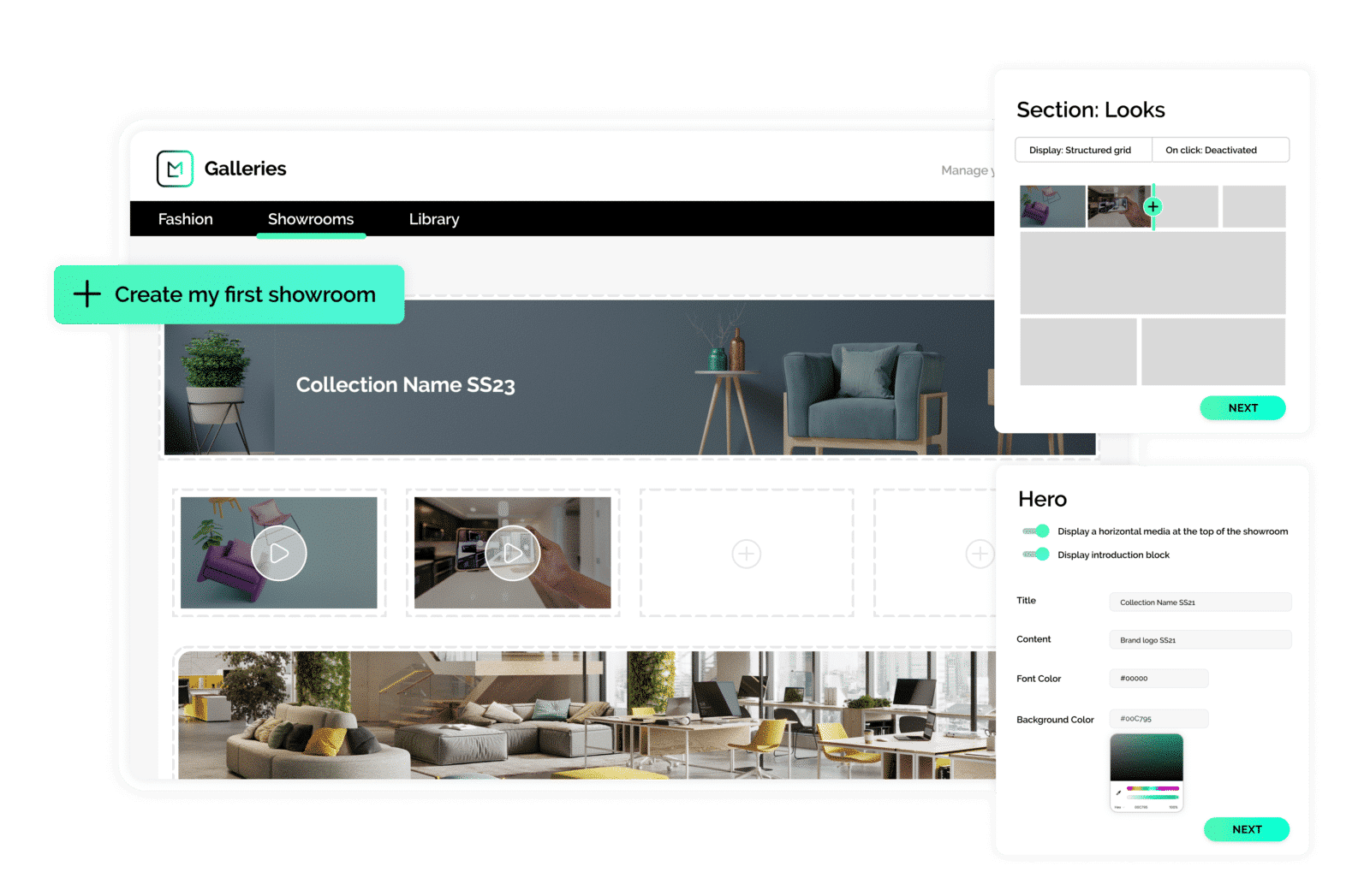 product screen showing digital showroom function of the software for furniture industry