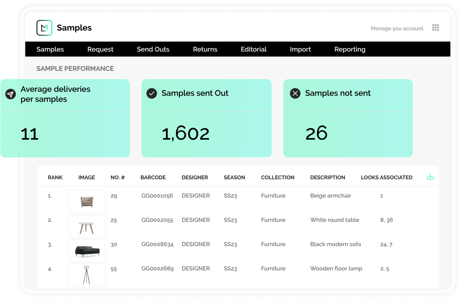product screen showing sample management function of the software for improving home and furniture marketing strategy