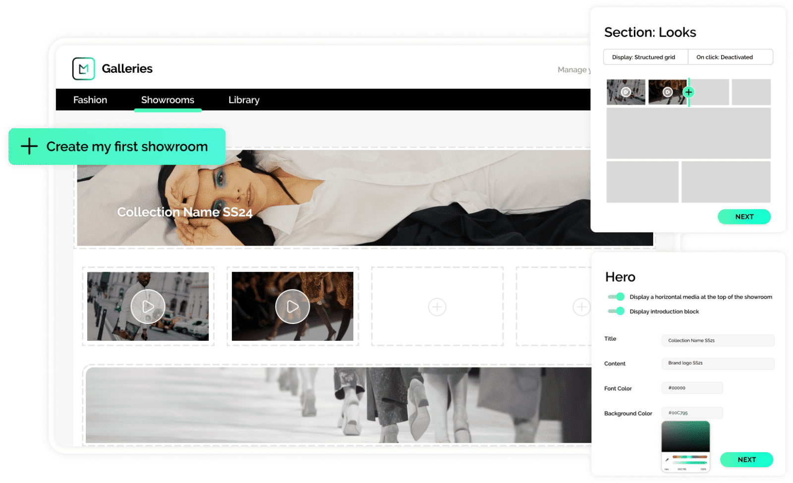 pantalla de producto que muestra la función de sala de exposición digital del software para marketing de moda y lujo