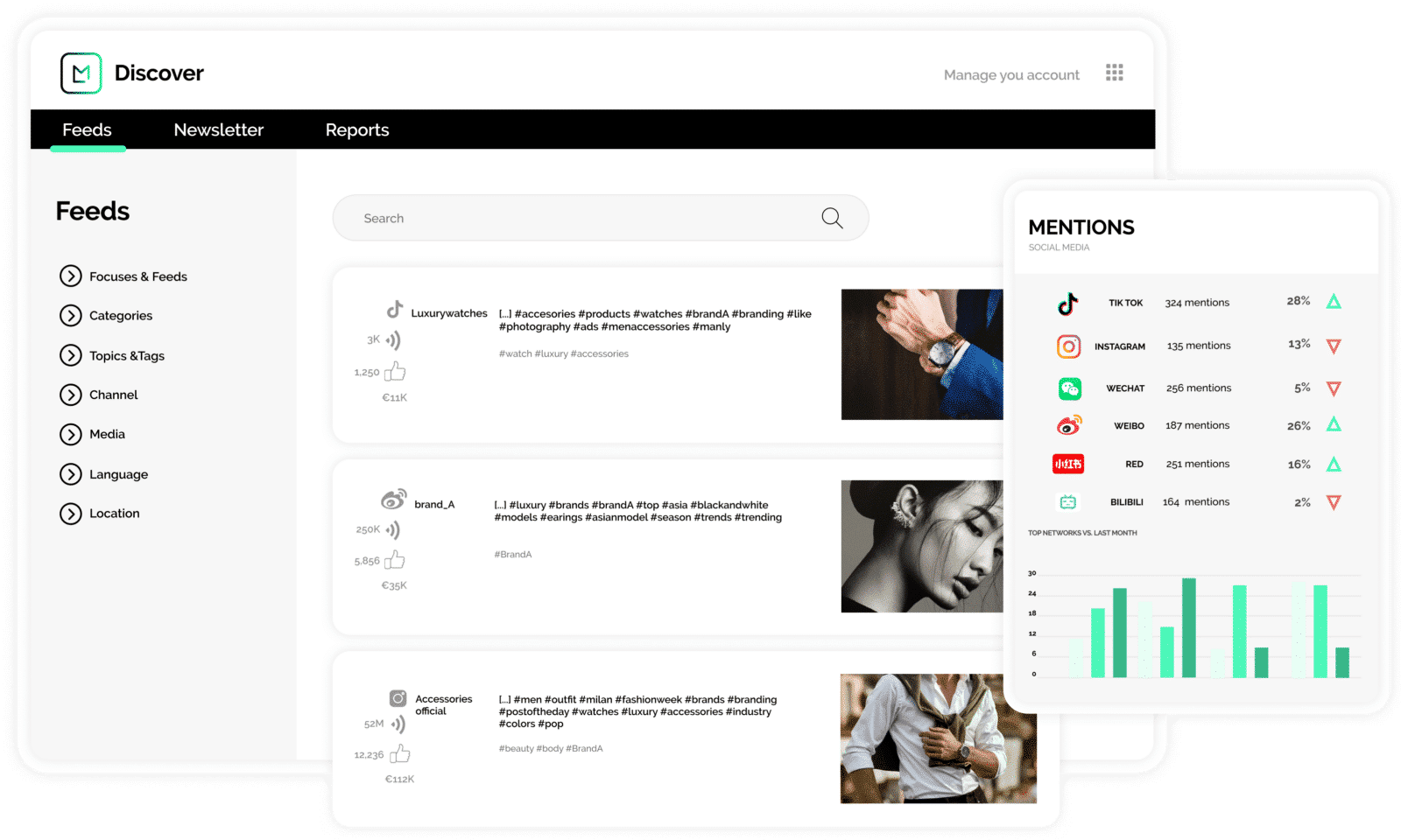 pantalla de producta que muestra la habilidad de controlar las menciones de marca de las campañas de marketing joyeria
